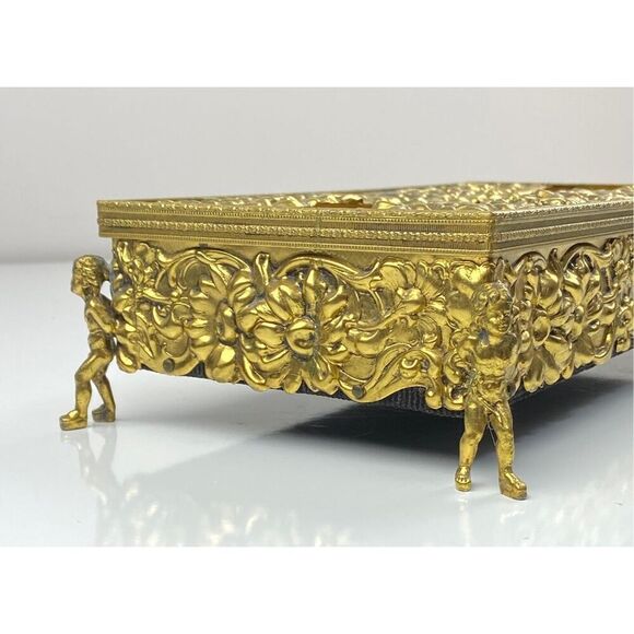 Vtg Cherub Angel Footed Tissue Box Vanity Patina Ormolu Flowers Baroque Rococo E - Picture 7 of 9